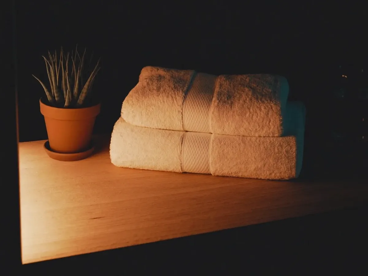 KI-generiertes Symbolbild: Behandlungsraum, Handtuch, Pflanze, ruhiges Licht