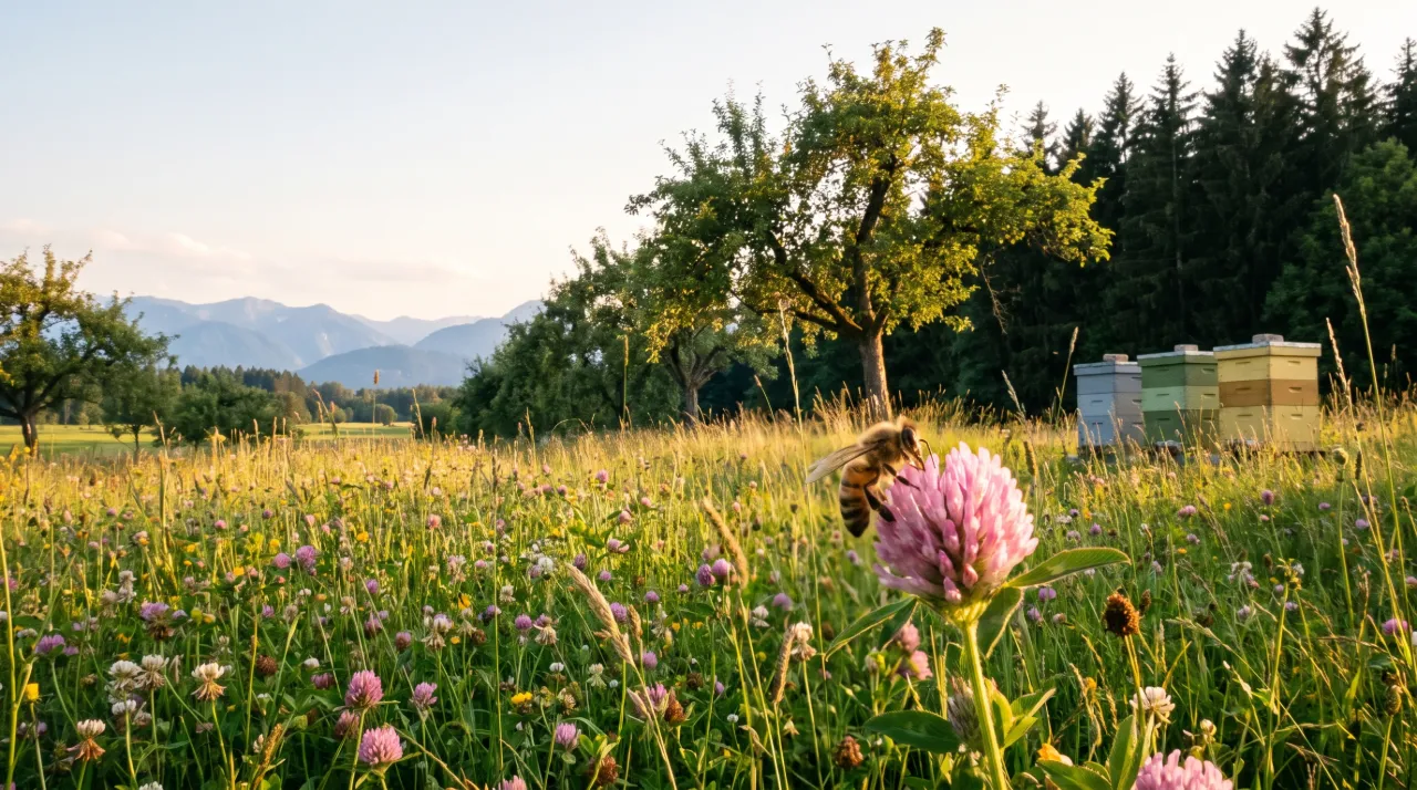 Blühende Streuobstwiese mit Bienenstöcken am Waldrand, im Hintergrund das Alpenvorland, vorne eine Biene auf einer Kleeblüte