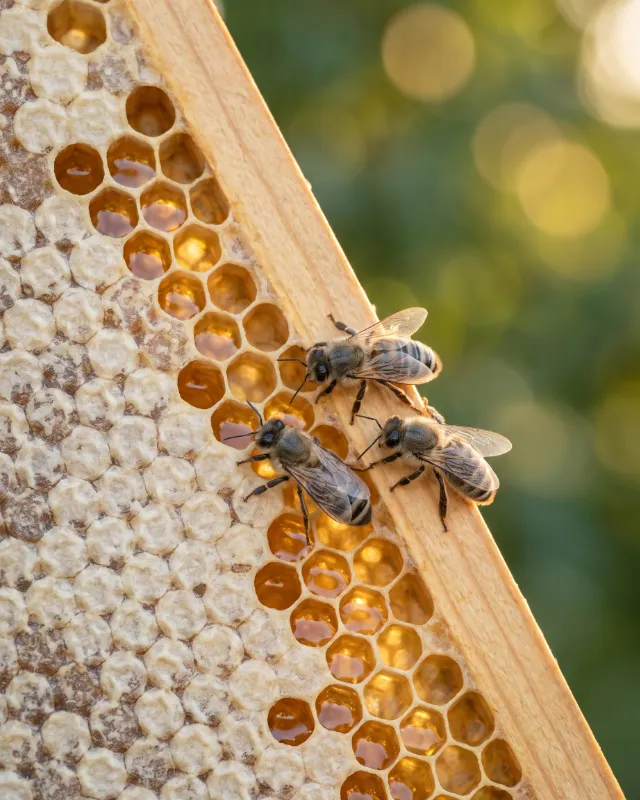 Drei Carnica-Bienen auf einer Honigwabe mit verdeckelten und offenen, honiggefüllten Zellen