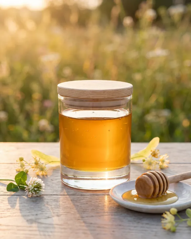 Glas mit klarem, goldgelbem Sommerblütenhonig im Abendlicht, daneben Lindenblüten, Klee und ein Honigheber