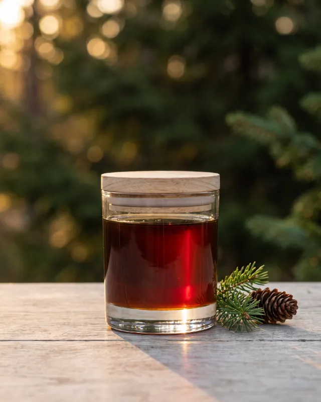 Glas mit dunklem, rotbraunem Waldhonig vor einem Tannenwald, daneben ein Tannenzweig mit Zapfen