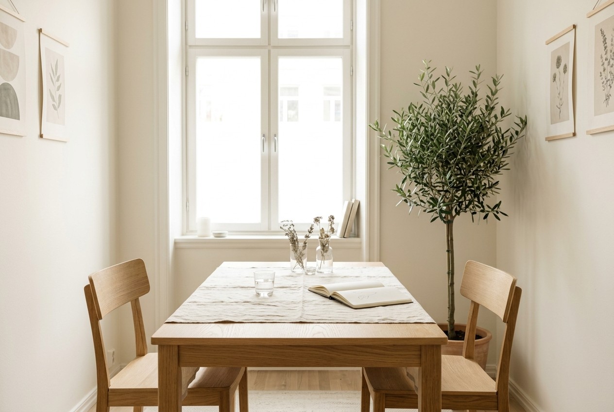 Heller Behandlungsraum mit Holztisch, zwei Stühlen und einem Olivenbaum