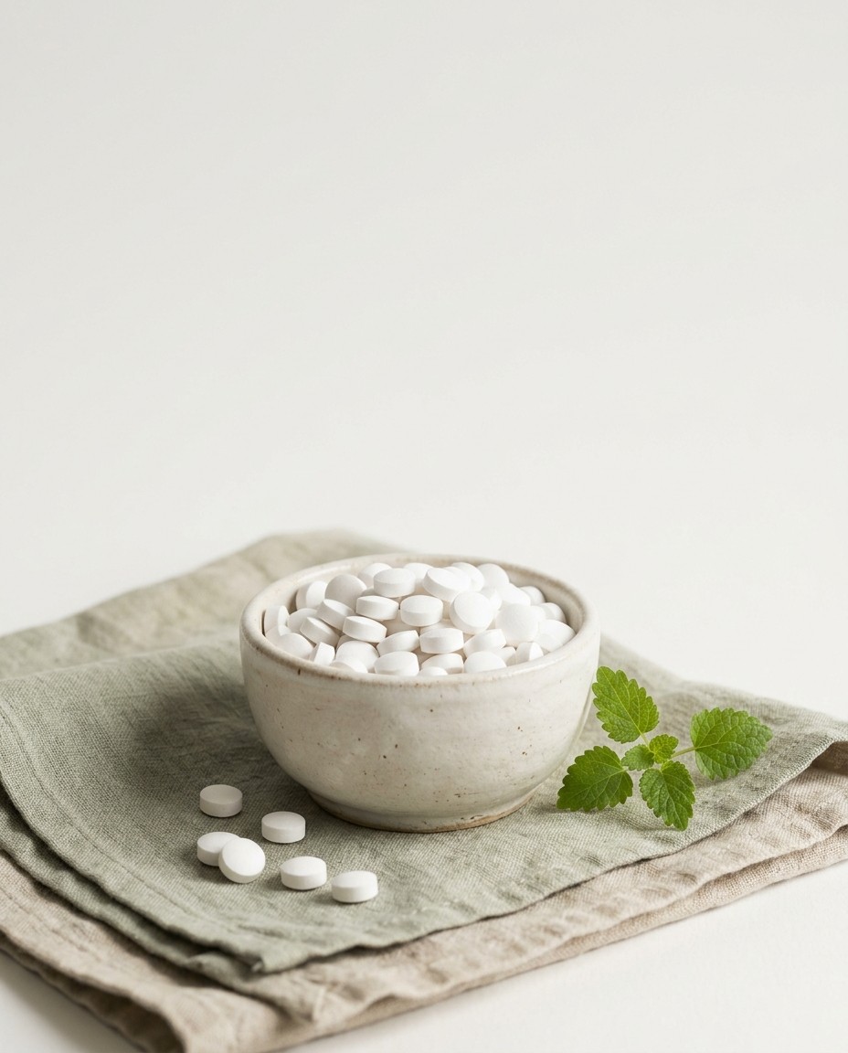 Kleine weiße Mineralsalz-Tabletten in einer Keramikschale
