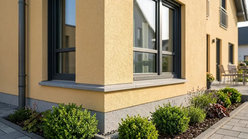 Fassadenecke mit gelbem Scheibenputz, grauem Sockelputz und Fensterbank