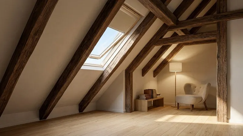 Fertig ausgebautes Dachgeschoss mit Holzbalken, Dachfenster und Leseecke