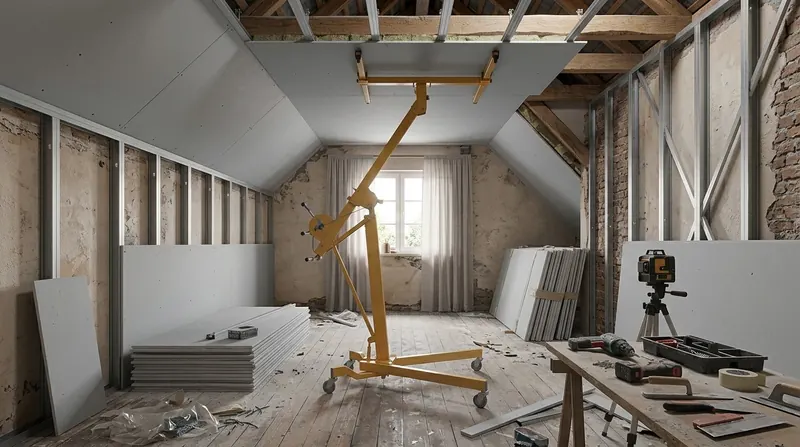 Dachgeschoss im Ausbau mit Ständerwerk, Gipskartonplatten und Plattenlift