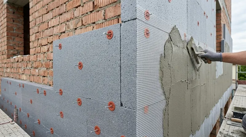 Dämmplatten mit Dübeln an einer Ziegelfassade, Armierungsgewebe wird mit der Kelle eingebettet