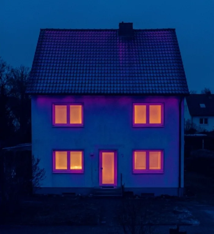Wärmebild desselben Hauses nach der Dämmung: Wände und Dach bleiben kühl blau, nur die Fenster sind warm