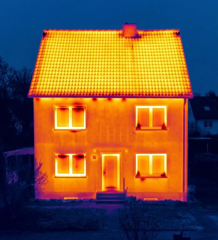 Wärmebild eines ungedämmten Hauses: Wände und Dach geben viel Wärme ab und leuchten gelb-orange